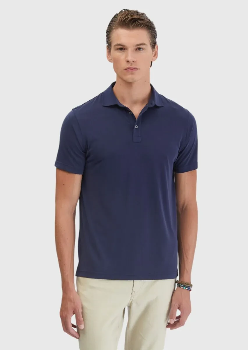 Navy Blue Plain Polo Neck T-Shirt - 1