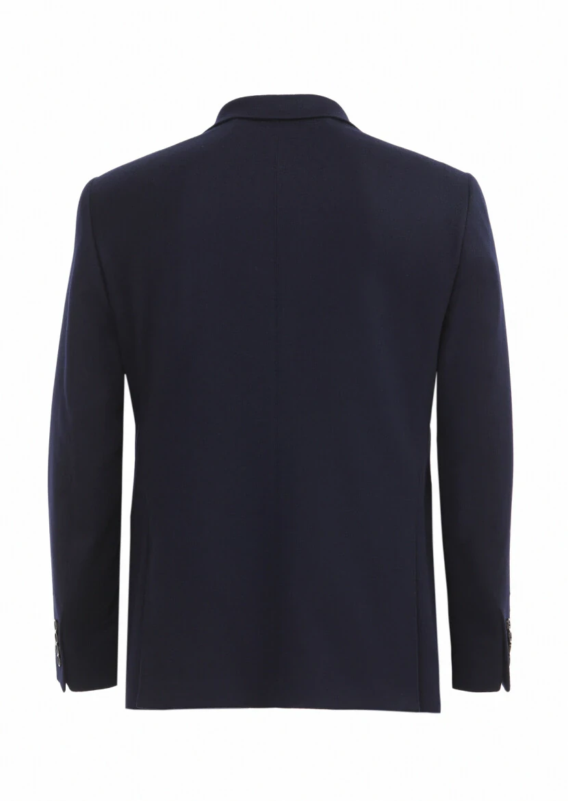 Navy Blue Plain Regular Fit 100% Cashmire Jacket - 3