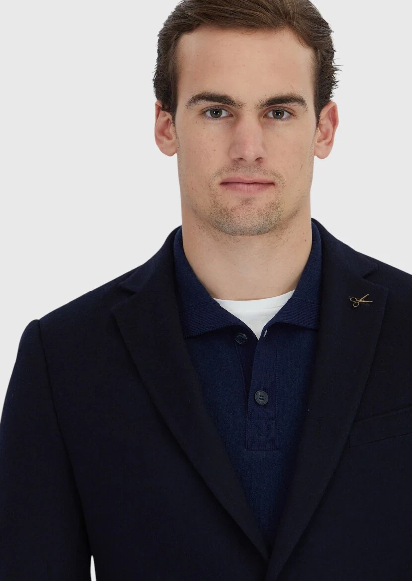 Navy Blue Plain Regular Fit 100% Cashmire Jacket - 3