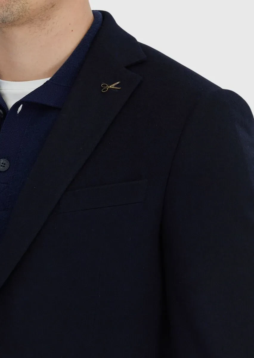 Navy Blue Plain Regular Fit 100% Cashmire Jacket - 5