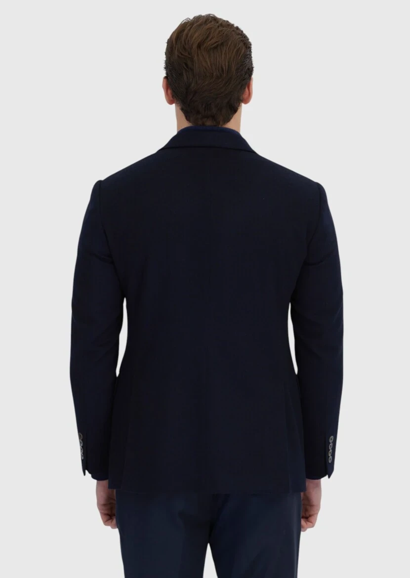 Navy Blue Plain Regular Fit 100% Cashmire Jacket - 8