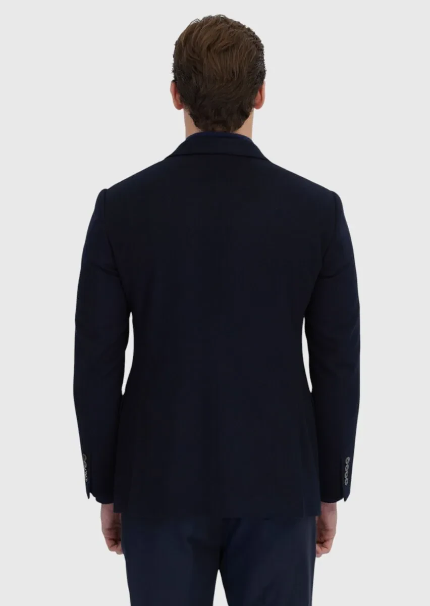 Navy Blue Plain Regular Fit 100% Cashmire Jacket - 8