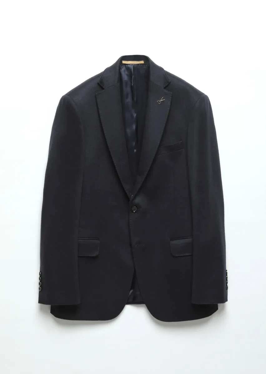 Navy Blue Plain Regular Fit 100% Cashmire Jacket - 9