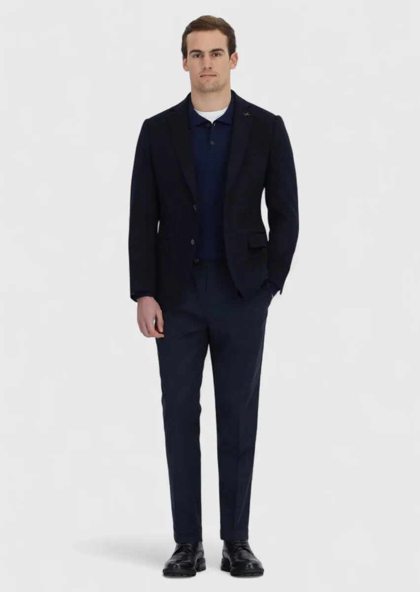 Navy Blue Plain Regular Fit 100% Cashmire Jacket - 2
