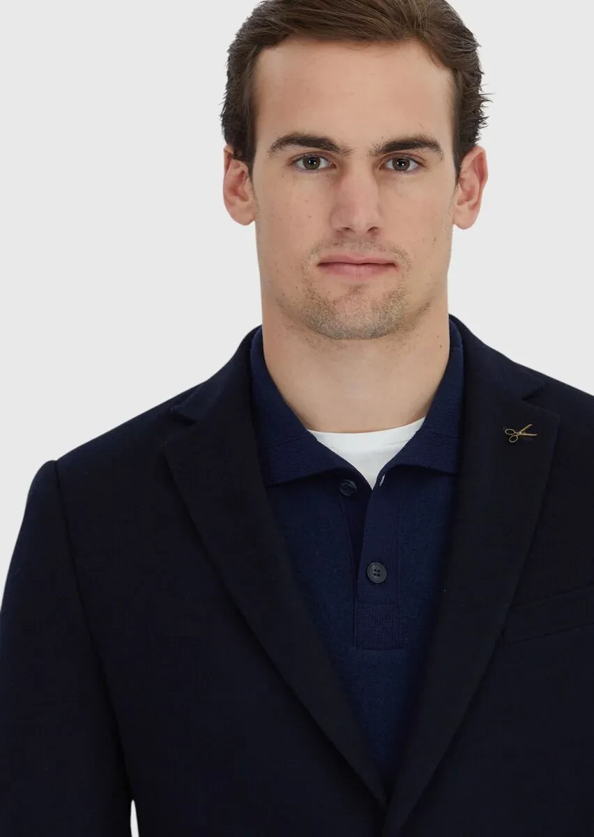 Navy Blue Plain Regular Fit 100% Cashmire Jacket - 3