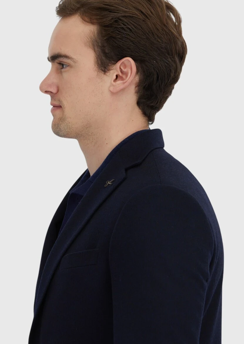 Navy Blue Plain Regular Fit 100% Cashmire Jacket - 4