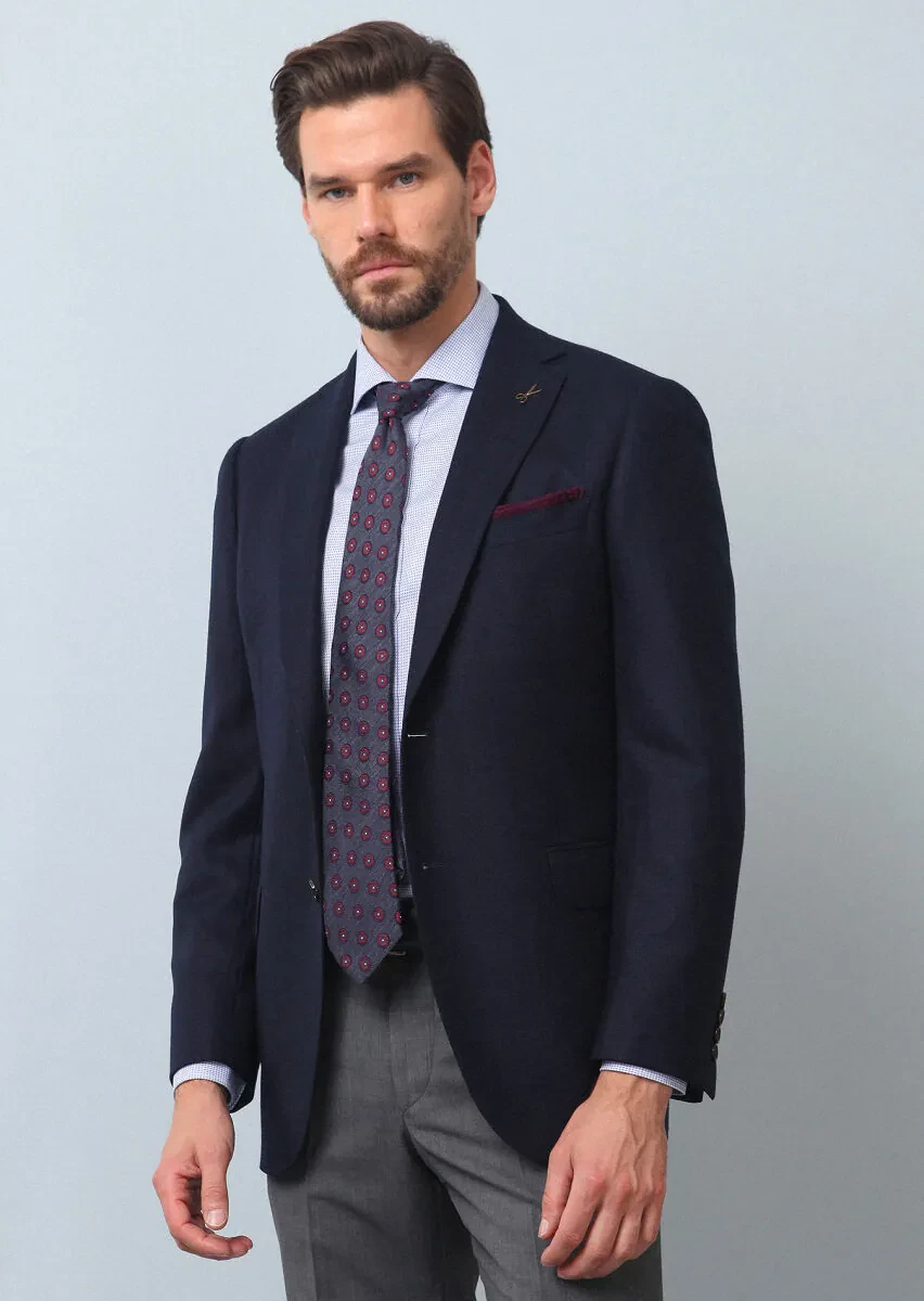 Navy Blue Plain Regular Fit 100% Wool Jacket - 1