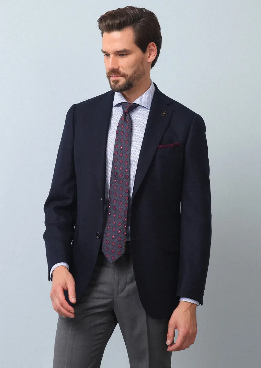 Navy Blue Plain Regular Fit 100% Wool Jacket - 3