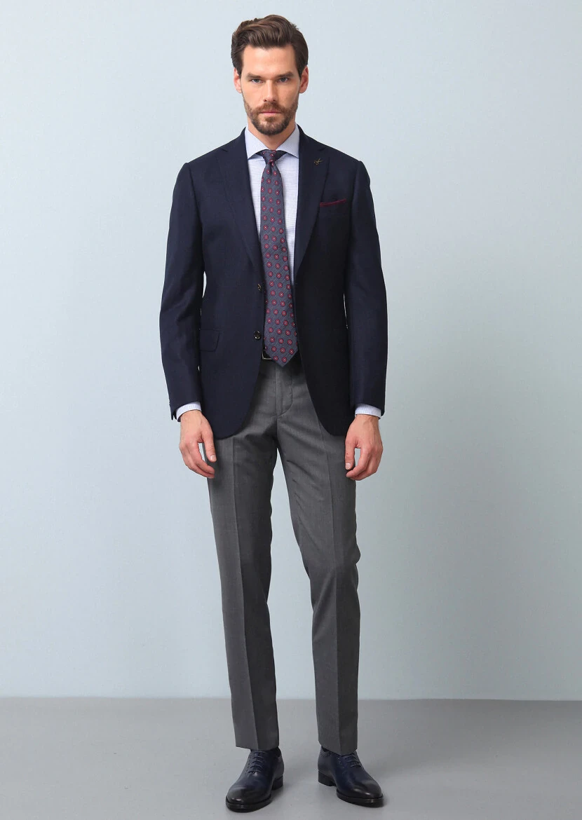 Navy Blue Plain Regular Fit 100% Wool Jacket - 4