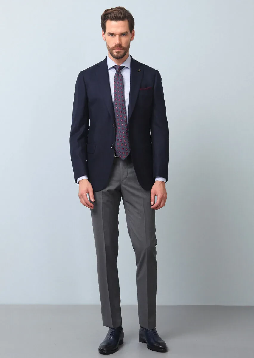 Navy Blue Plain Regular Fit 100% Wool Jacket - 4