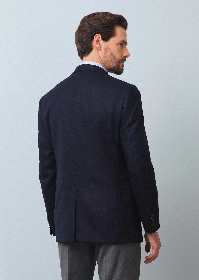 Navy Blue Plain Regular Fit 100% Wool Jacket - 5
