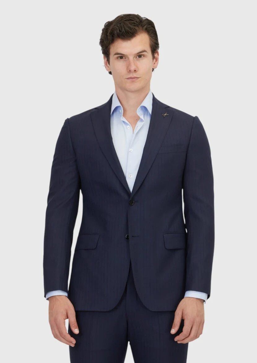 Navy Blue Plain Regular Fit 100% Wool Suit - 1