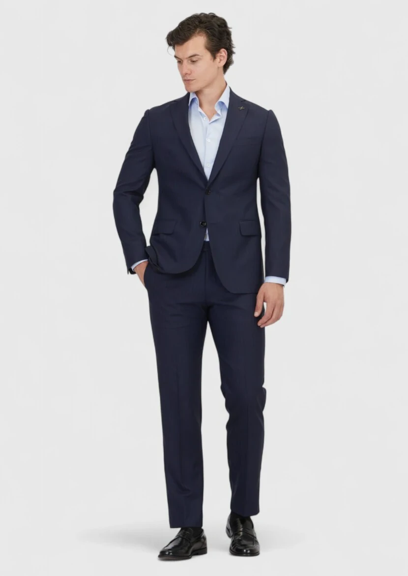 Navy Blue Plain Regular Fit 100% Wool Suit - 2