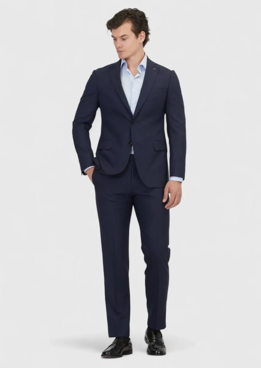 Navy Blue Plain Regular Fit 100% Wool Suit - 2