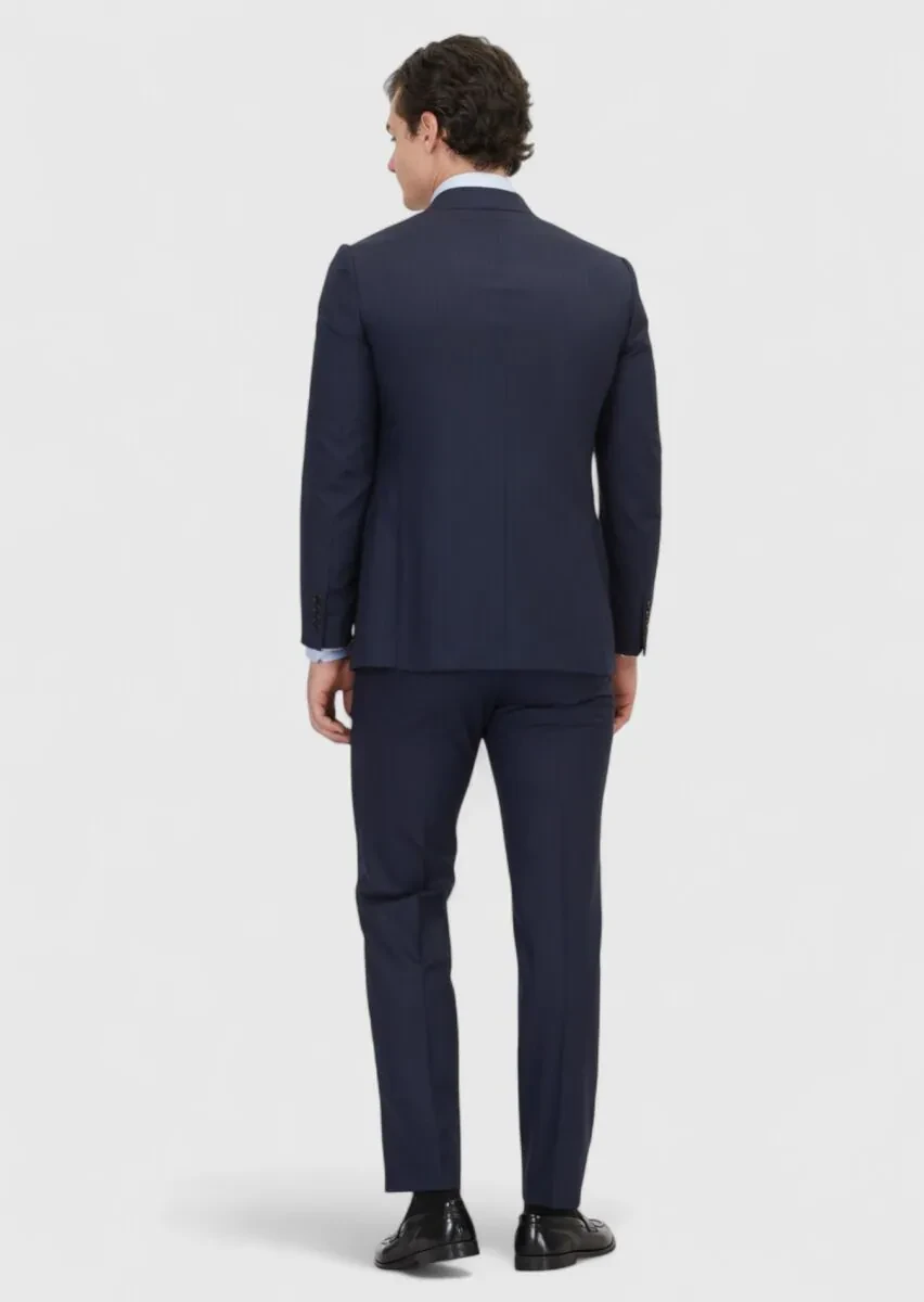 Navy Blue Plain Regular Fit 100% Wool Suit - 6