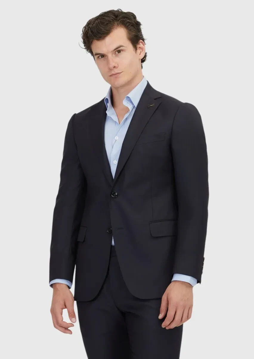 Navy Blue Plain Regular Fit 100% Wool Suit - 1