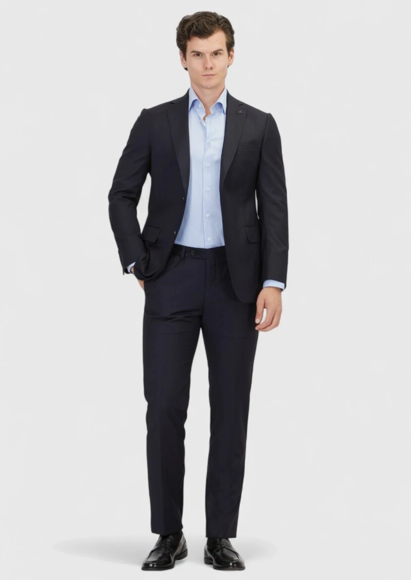 Navy Blue Plain Regular Fit 100% Wool Suit - RAMSEY