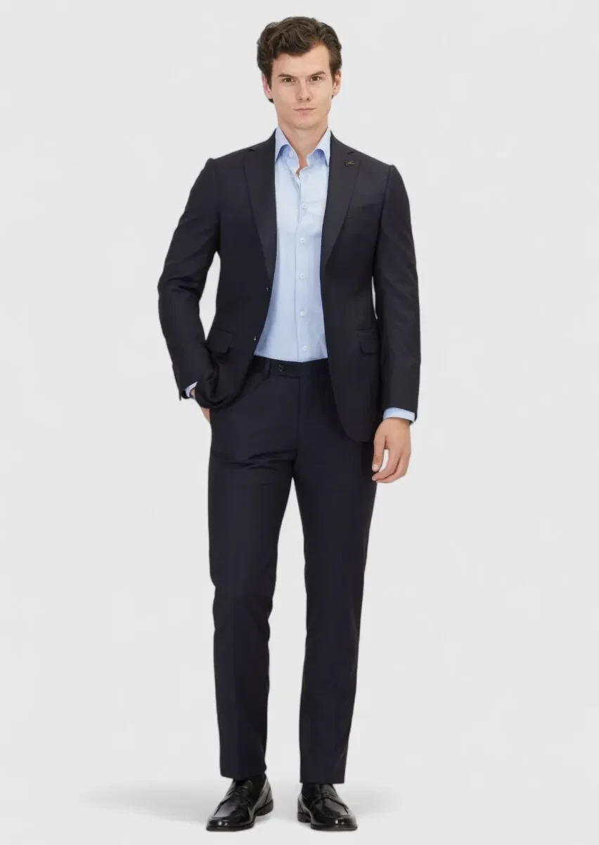 Navy Blue Plain Regular Fit 100% Wool Suit - 2