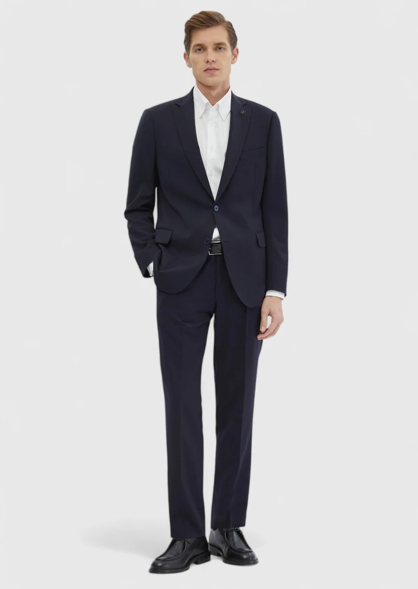 Navy Blue Plain Regular Fit 100% Wool Suit - 2
