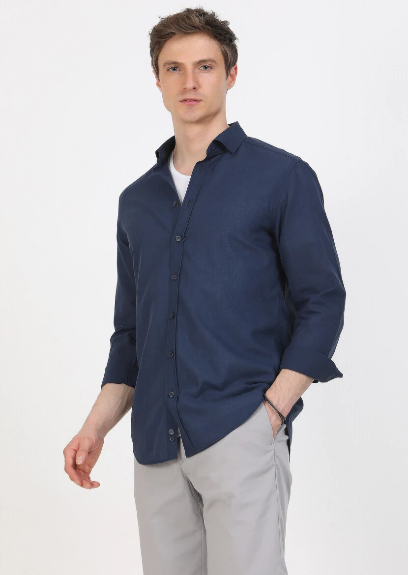 Navy Blue Plain Regular Fit Weaving Casual 100% Cotton Shirt - 3