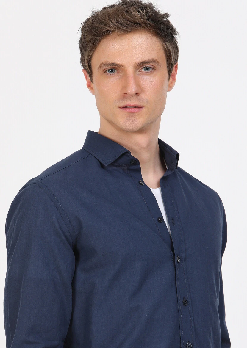 Navy Blue Plain Regular Fit Weaving Casual 100% Cotton Shirt - 4