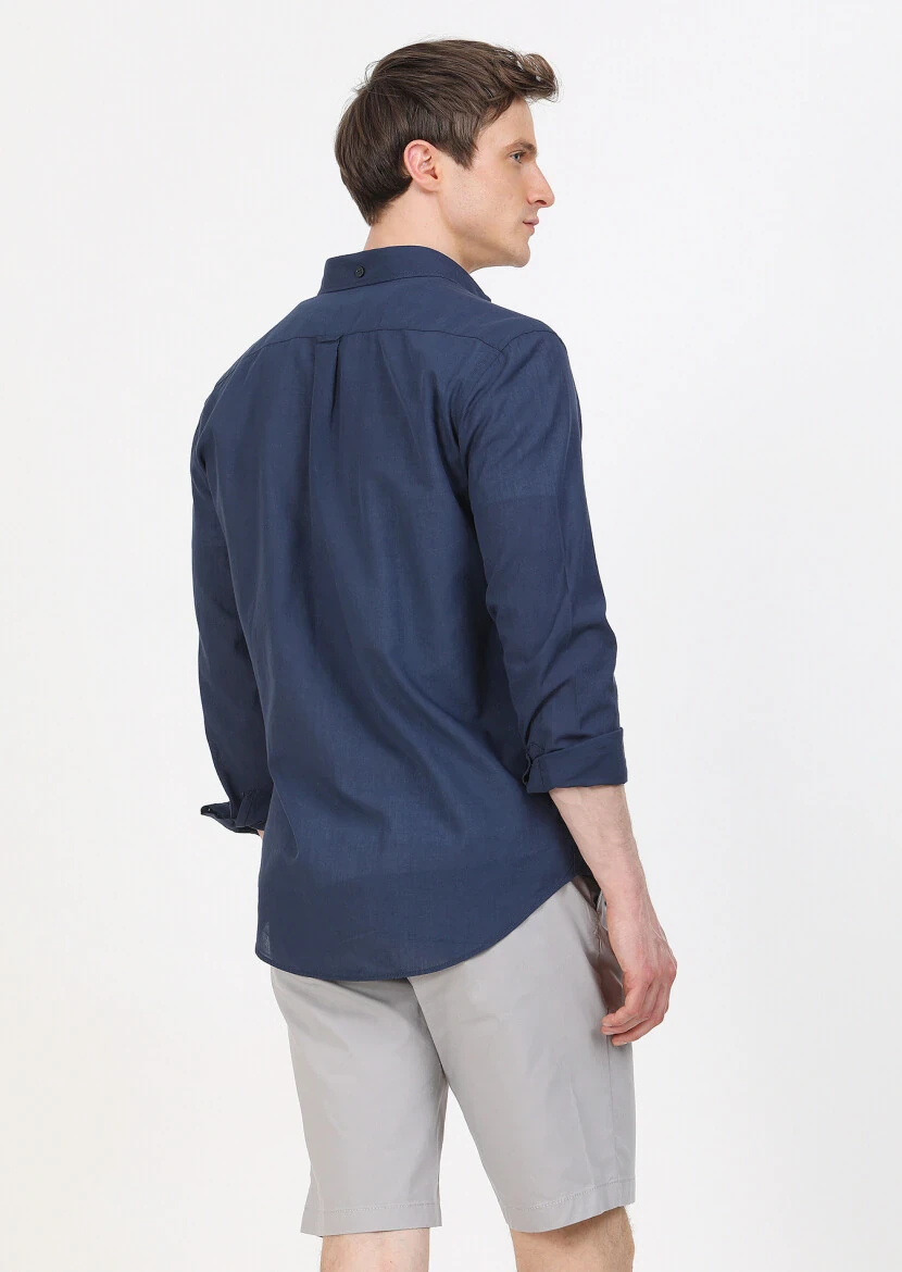 Navy Blue Plain Regular Fit Weaving Casual 100% Cotton Shirt - 5