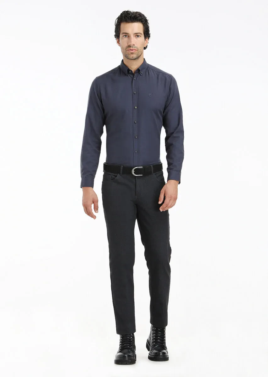 Navy Blue Plain Regular Fit Weaving Casual 100% Cotton Shirt - 1