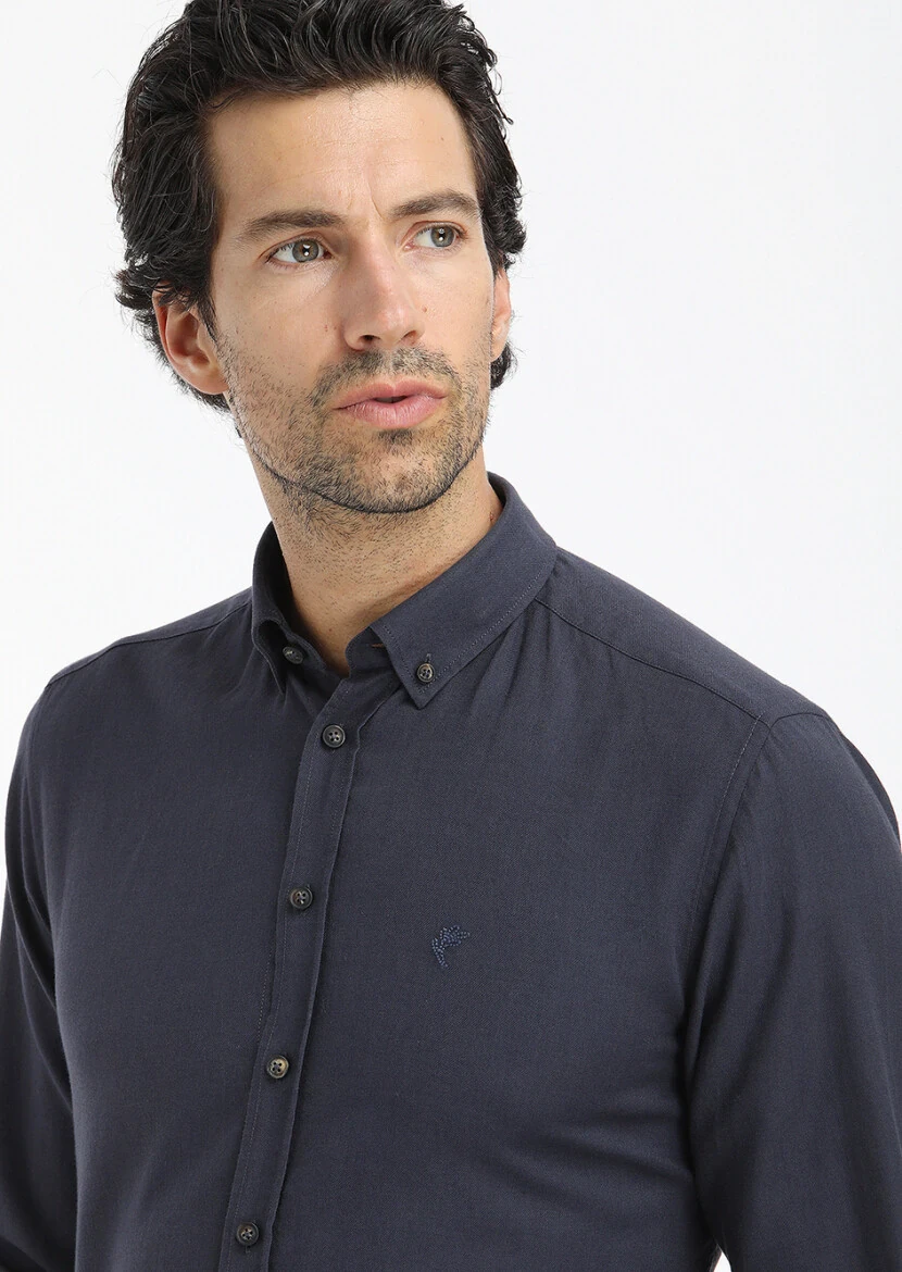 Navy Blue Plain Regular Fit Weaving Casual 100% Cotton Shirt - 3