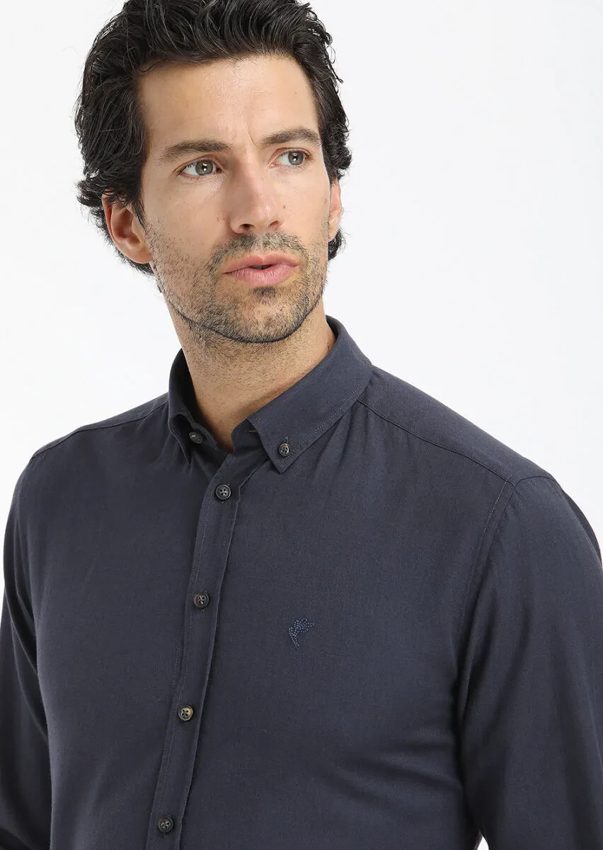 Navy Blue Plain Regular Fit Weaving Casual 100% Cotton Shirt - 3