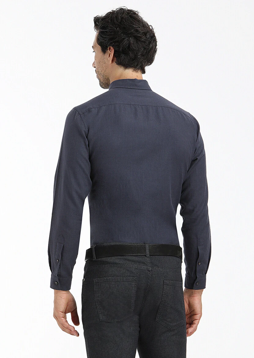 Navy Blue Plain Regular Fit Weaving Casual 100% Cotton Shirt - 4