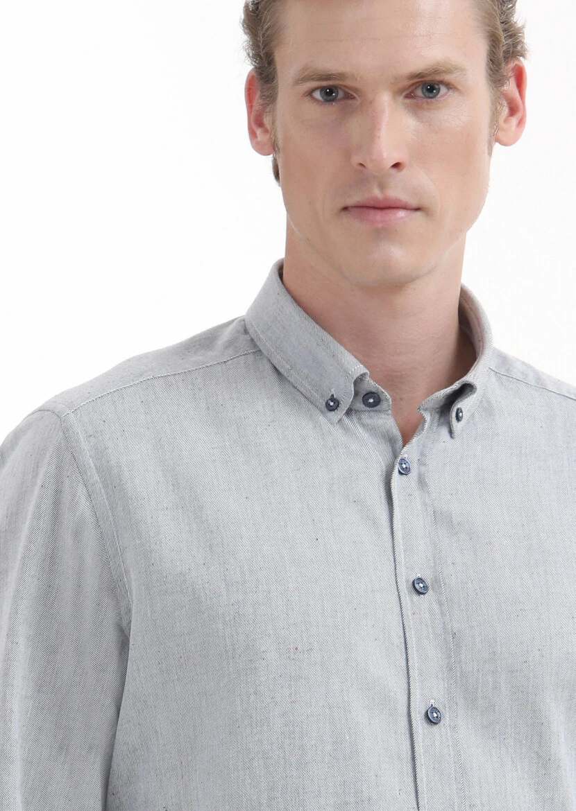 Navy Blue Plain Regular Fit Weaving Casual 100% Cotton Shirt - 3