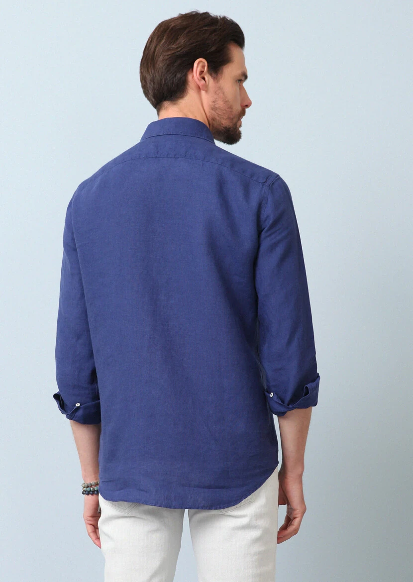 Navy Blue Plain Regular Fit Weaving Casual 100% Linen Shirt - 6