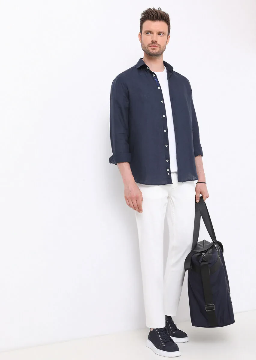 Navy Blue Plain Regular Fit Weaving Casual 100% Linen Shirt - 2