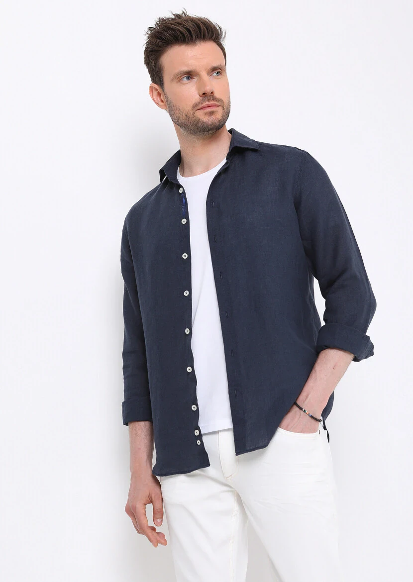 Navy Blue Plain Regular Fit Weaving Casual 100% Linen Shirt - 3