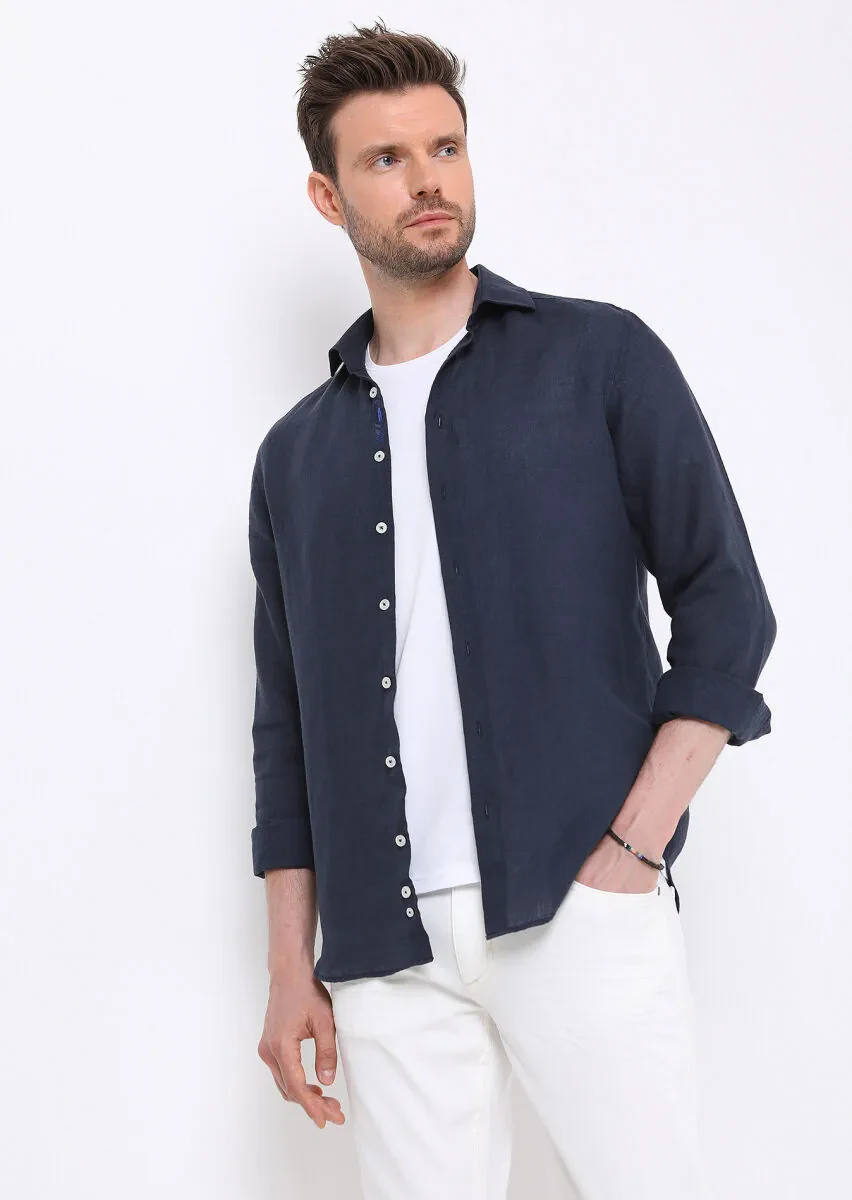 Navy Blue Plain Regular Fit Weaving Casual 100% Linen Shirt - 3