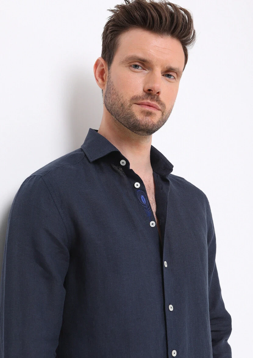 Navy Blue Plain Regular Fit Weaving Casual 100% Linen Shirt - 4