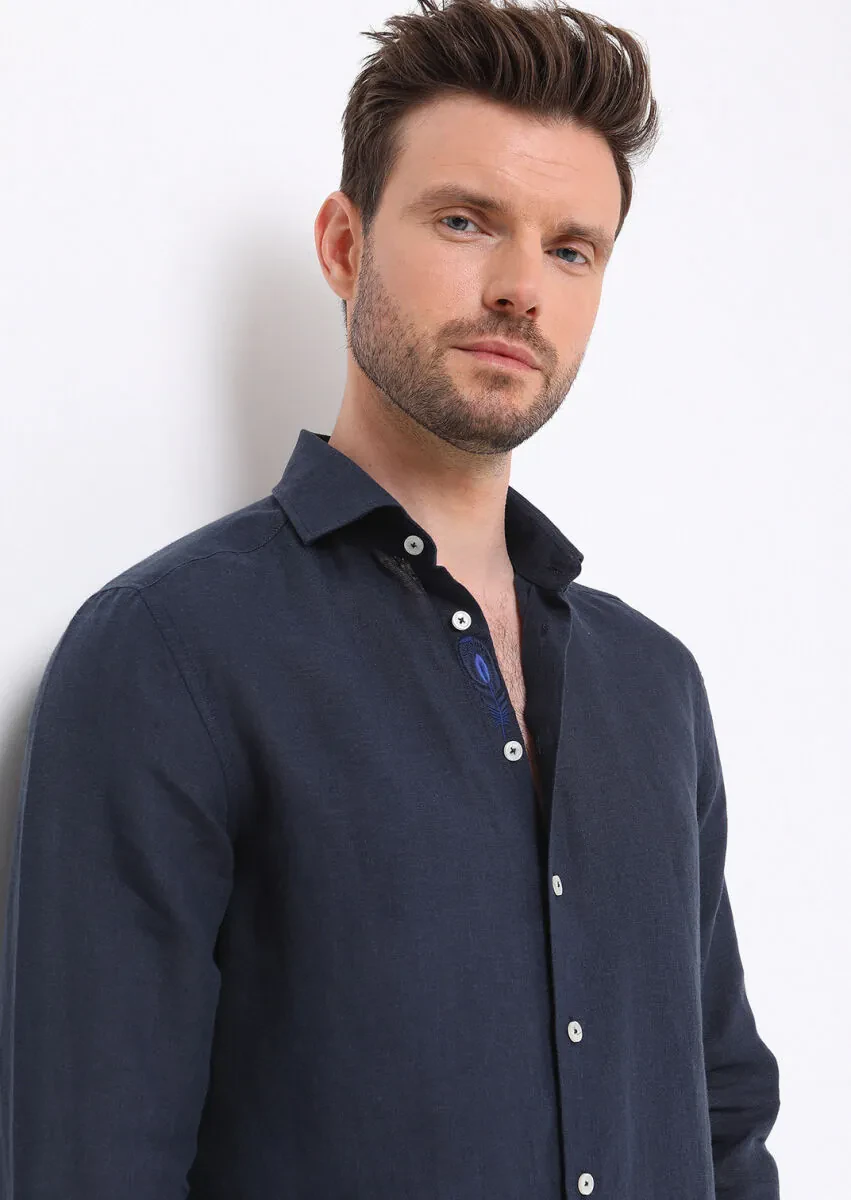 Navy Blue Plain Regular Fit Weaving Casual 100% Linen Shirt - 4