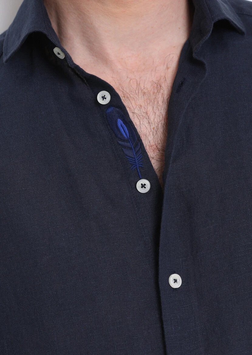 Navy Blue Plain Regular Fit Weaving Casual 100% Linen Shirt - 5