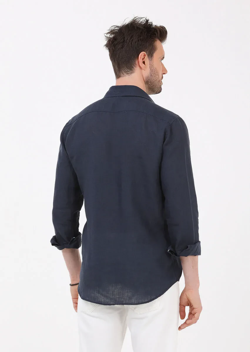 Navy Blue Plain Regular Fit Weaving Casual 100% Linen Shirt - 6