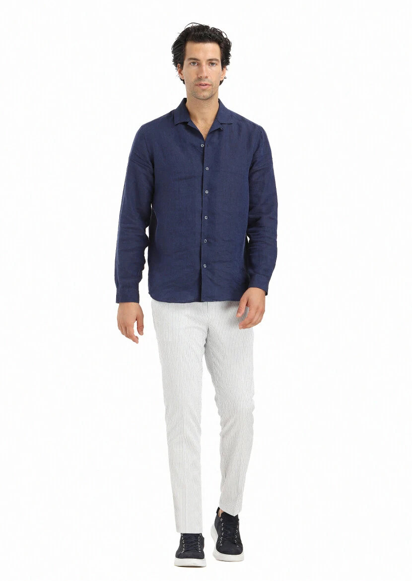 Navy Blue Plain Regular Fit Weaving Casual 100% Linen Shirt - 1