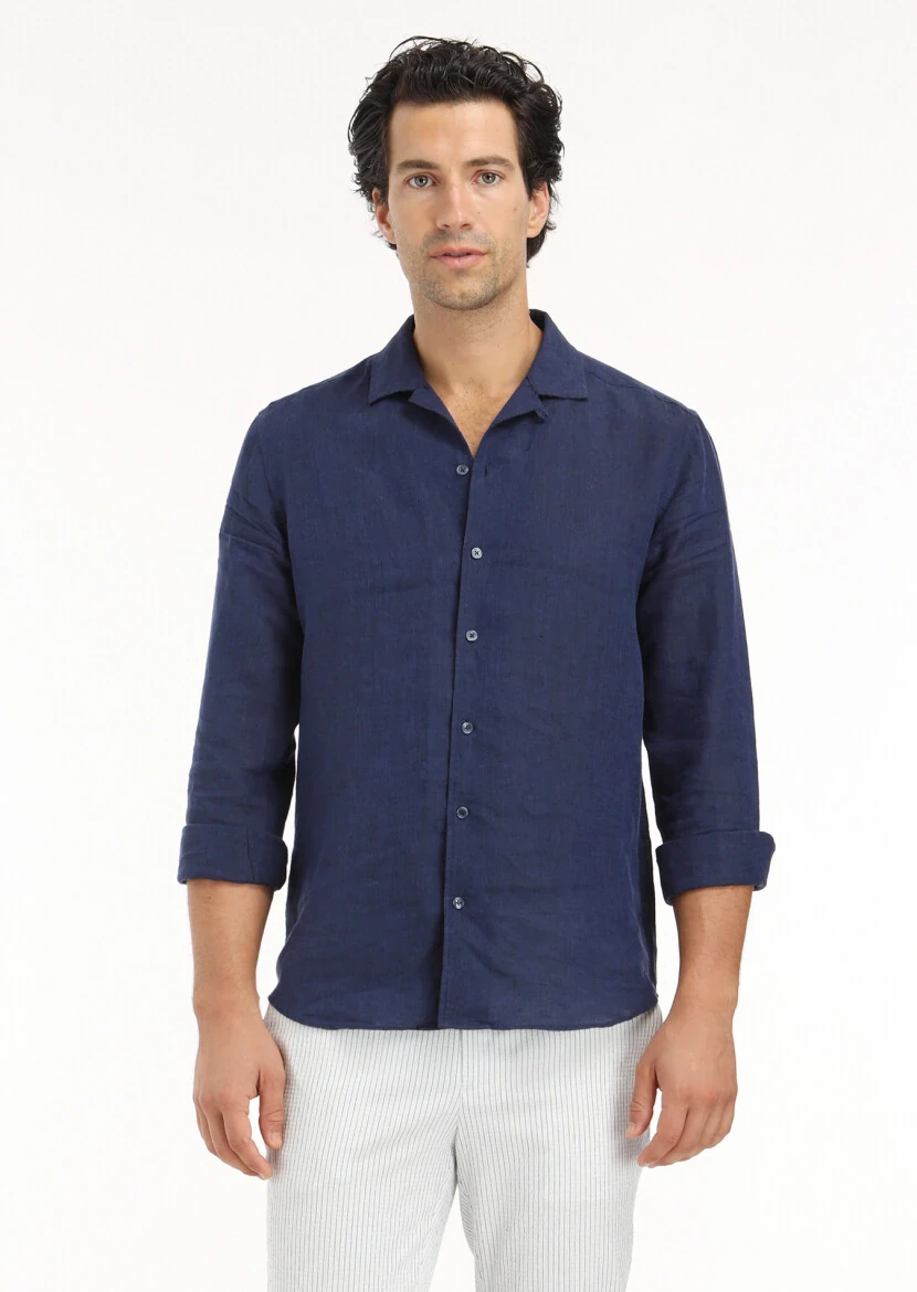 Navy Blue Plain Regular Fit Weaving Casual 100% Linen Shirt - 2