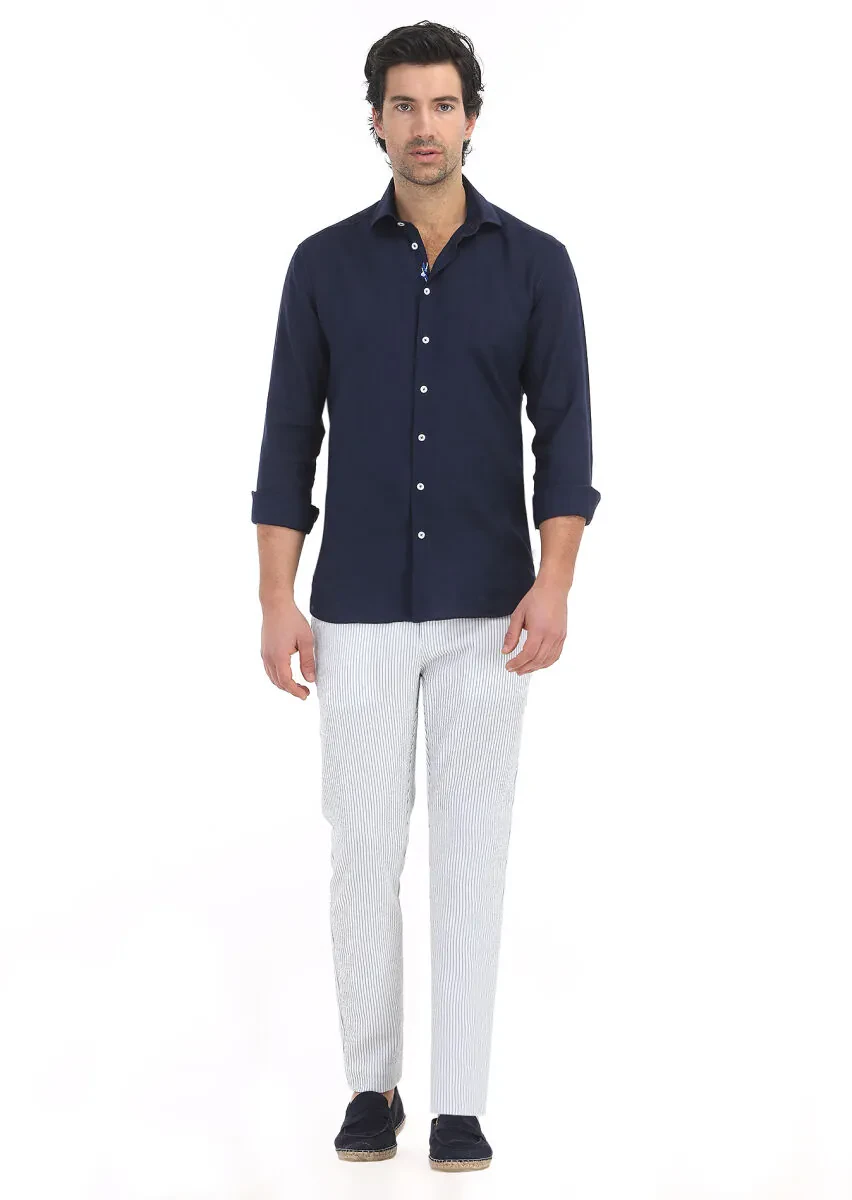 Navy Blue Plain Regular Fit Weaving Casual 100% Linen Shirt - 1