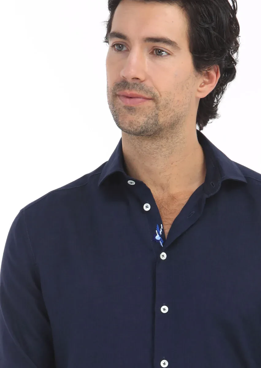 Navy Blue Plain Regular Fit Weaving Casual 100% Linen Shirt - 3