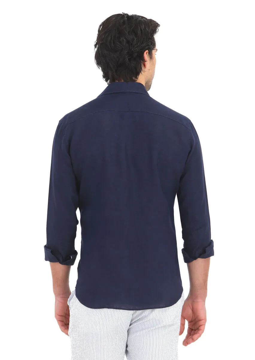 Navy Blue Plain Regular Fit Weaving Casual 100% Linen Shirt - 4