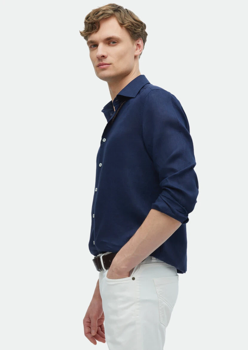 Navy Blue Plain Regular Fit Weaving Casual 100% Linen Shirt - RAMSEY
