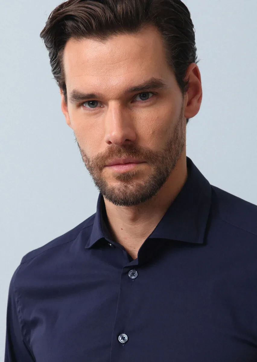 Navy Blue Plain Regular Fit Weaving Casual Cotton Blended Shirt - 1
