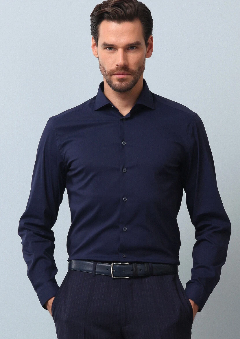 Navy Blue Plain Regular Fit Weaving Casual Cotton Blended Shirt 