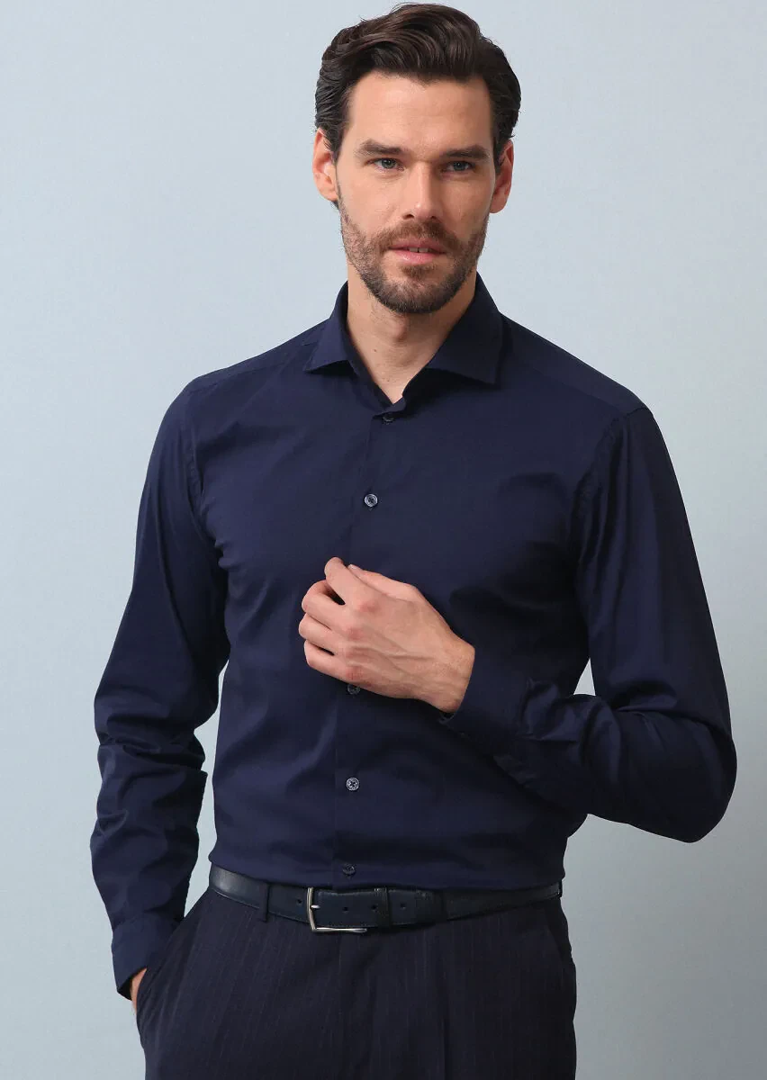 Navy Blue Plain Regular Fit Weaving Casual Cotton Blended Shirt - 3
