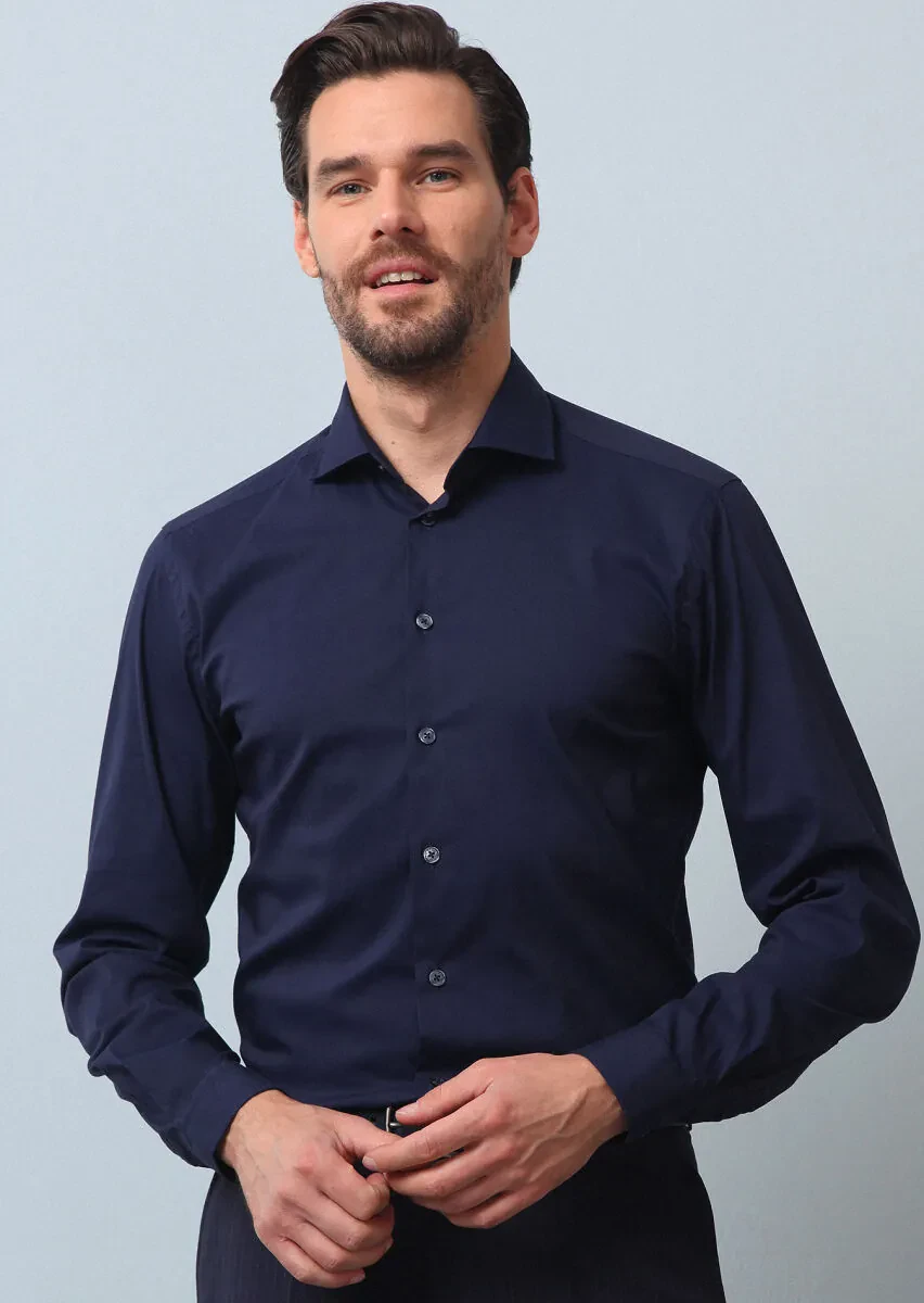 Navy Blue Plain Regular Fit Weaving Casual Cotton Blended Shirt - 4