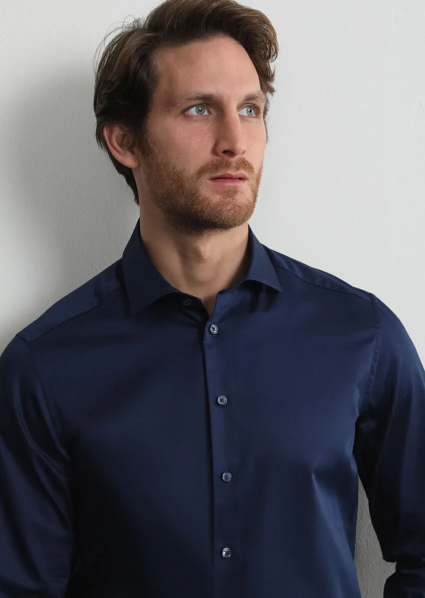 Navy Blue Plain Regular Fit Weaving Classical 100% Cotton Shirt - 1